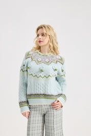 Fair Isle Sweater Women Vintage Long Sleeve Crewneck Sweater floraldesign Knit Pullover Top