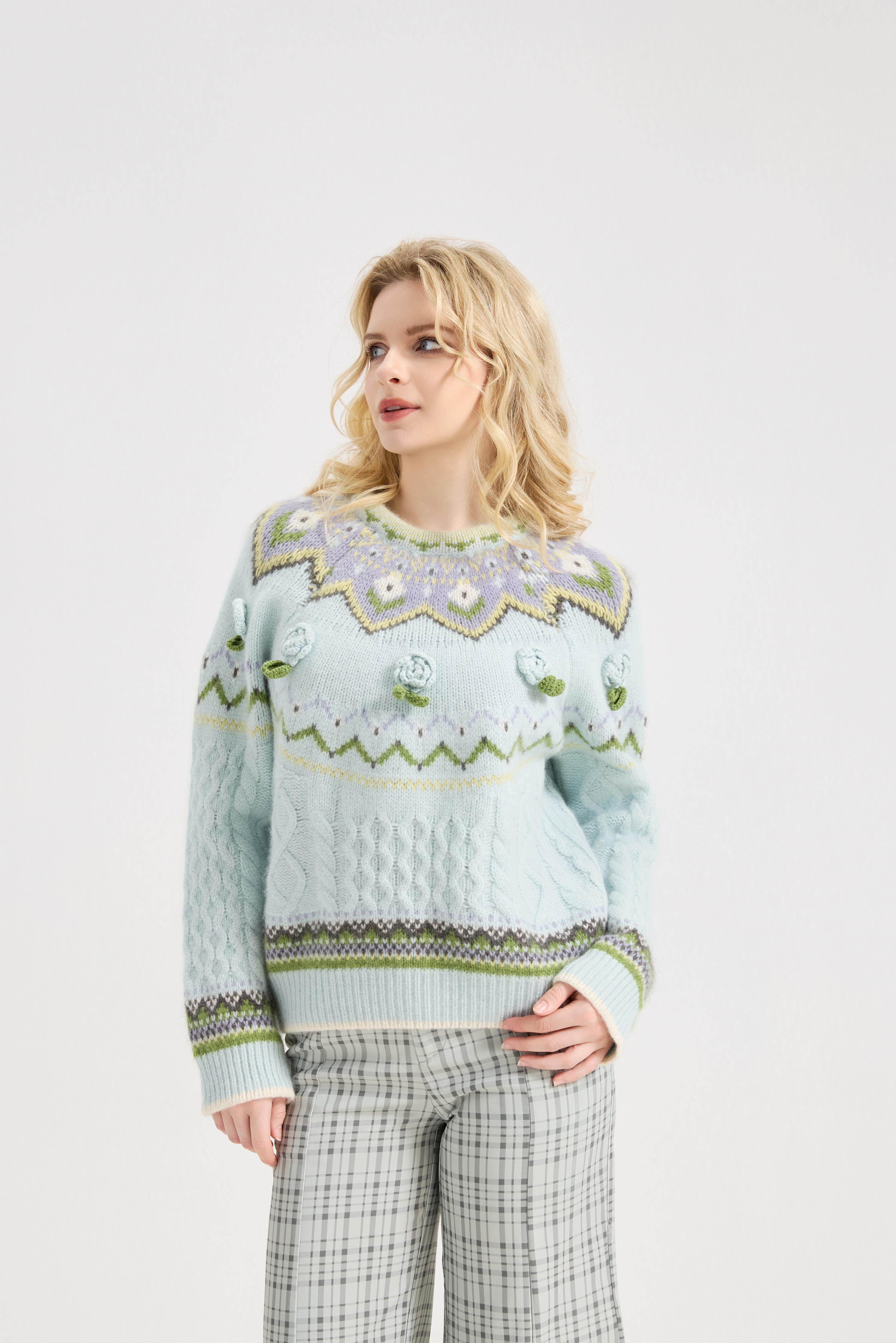 Fair Isle Sweater Women Vintage Long Sleeve Crewneck Sweater floraldesign Knit Pullover Top