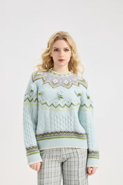 Fair Isle Sweater Women Vintage Long Sleeve Crewneck Sweater floraldesign Knit Pullover Top