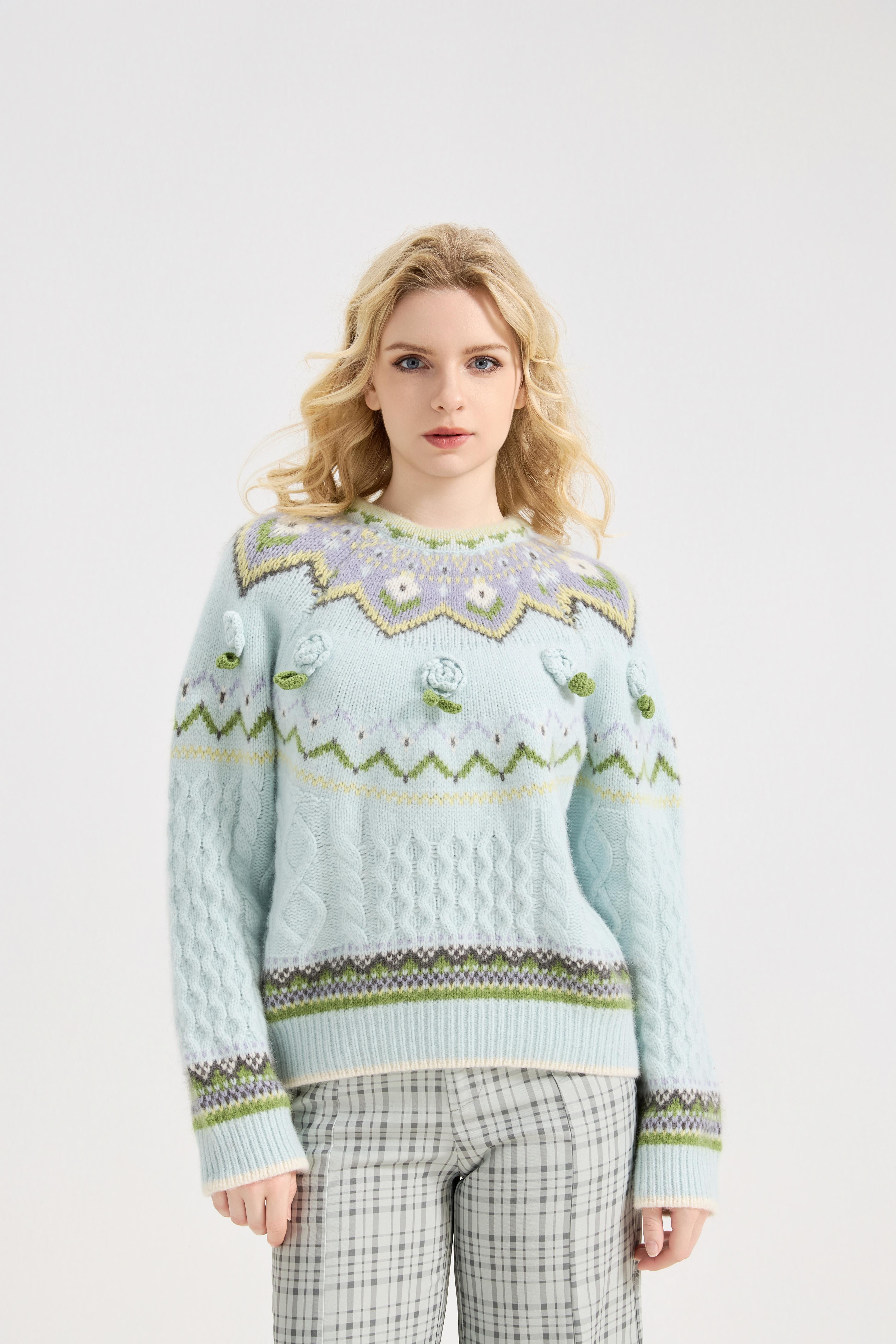 Fair Isle Sweater Women Vintage Long Sleeve Crewneck Sweater floraldesign Knit Pullover Top