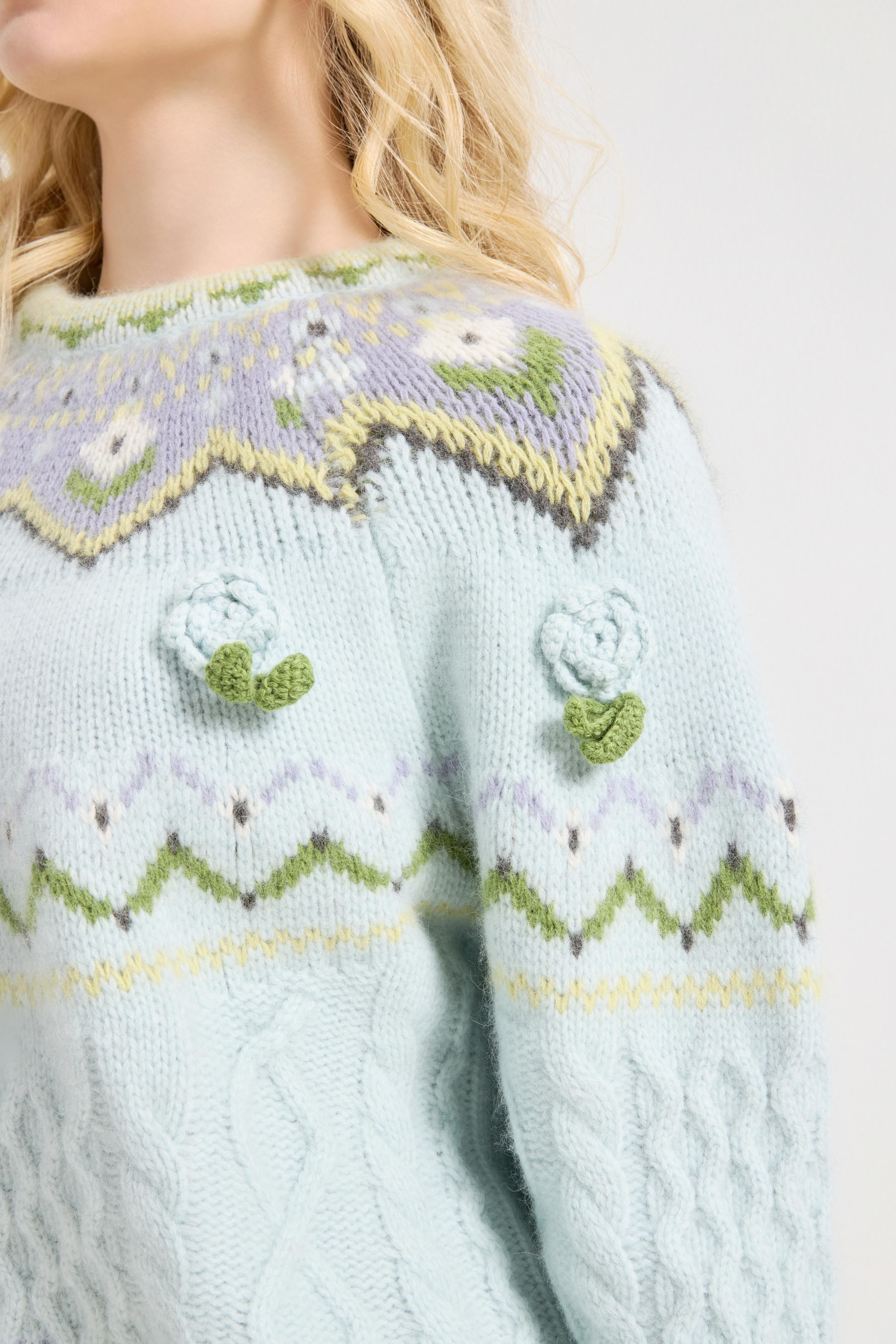 Fair Isle Sweater Women Vintage Long Sleeve Crewneck Sweater floraldesign Knit Pullover Top