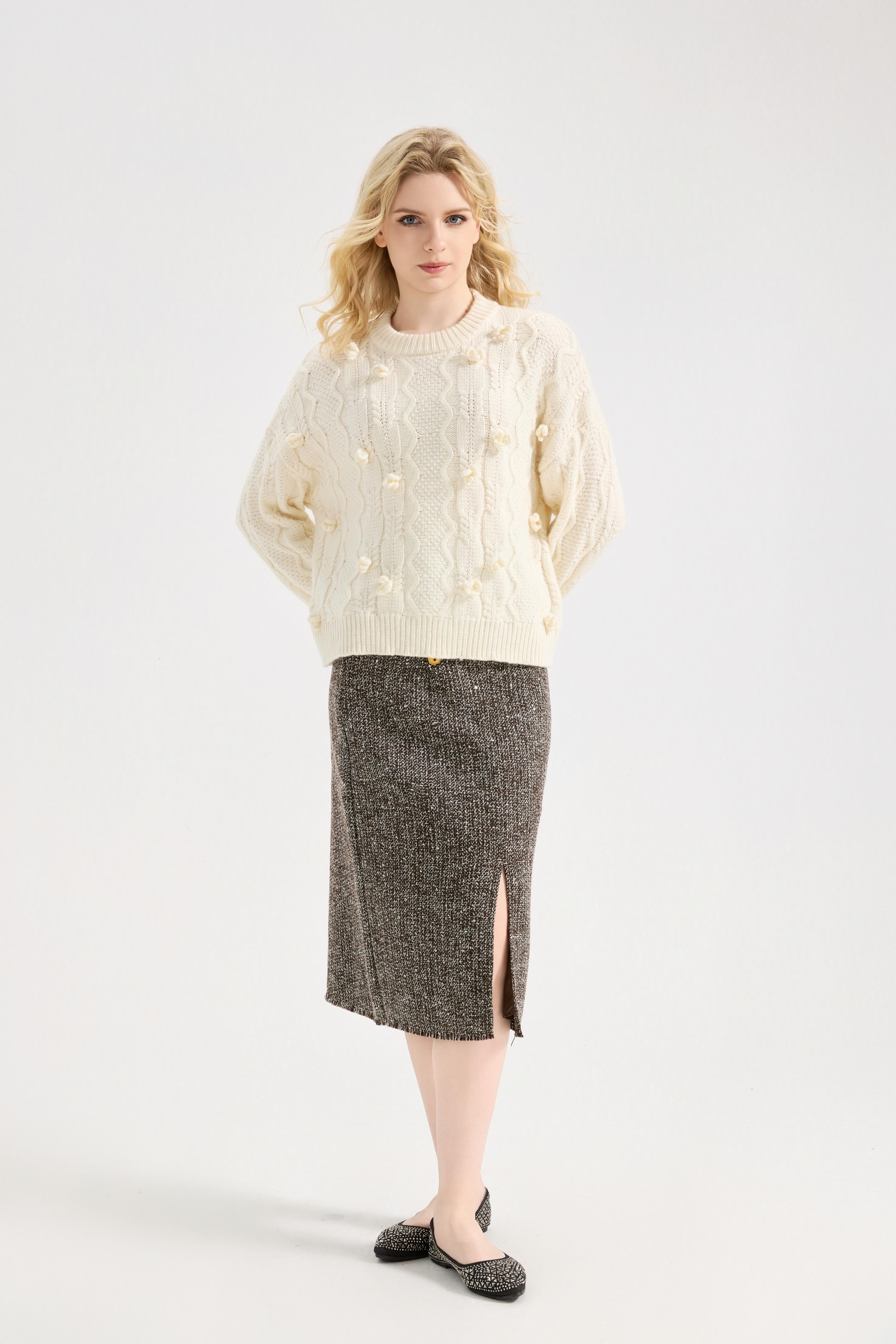 Women's Flower Sweater Crochet Cute Floral Knit Crew Neck Pullover Tops