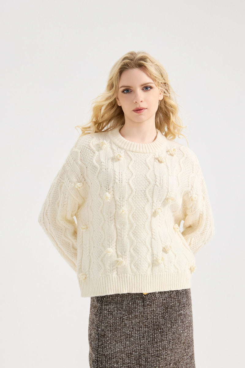 Suéter de flores para mujer, tejido a crochet, bonito, floral, con cuello redondo 