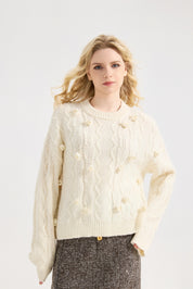 Women's Flower Sweater Crochet Cute Floral Knit Crew Neck Pullover Tops