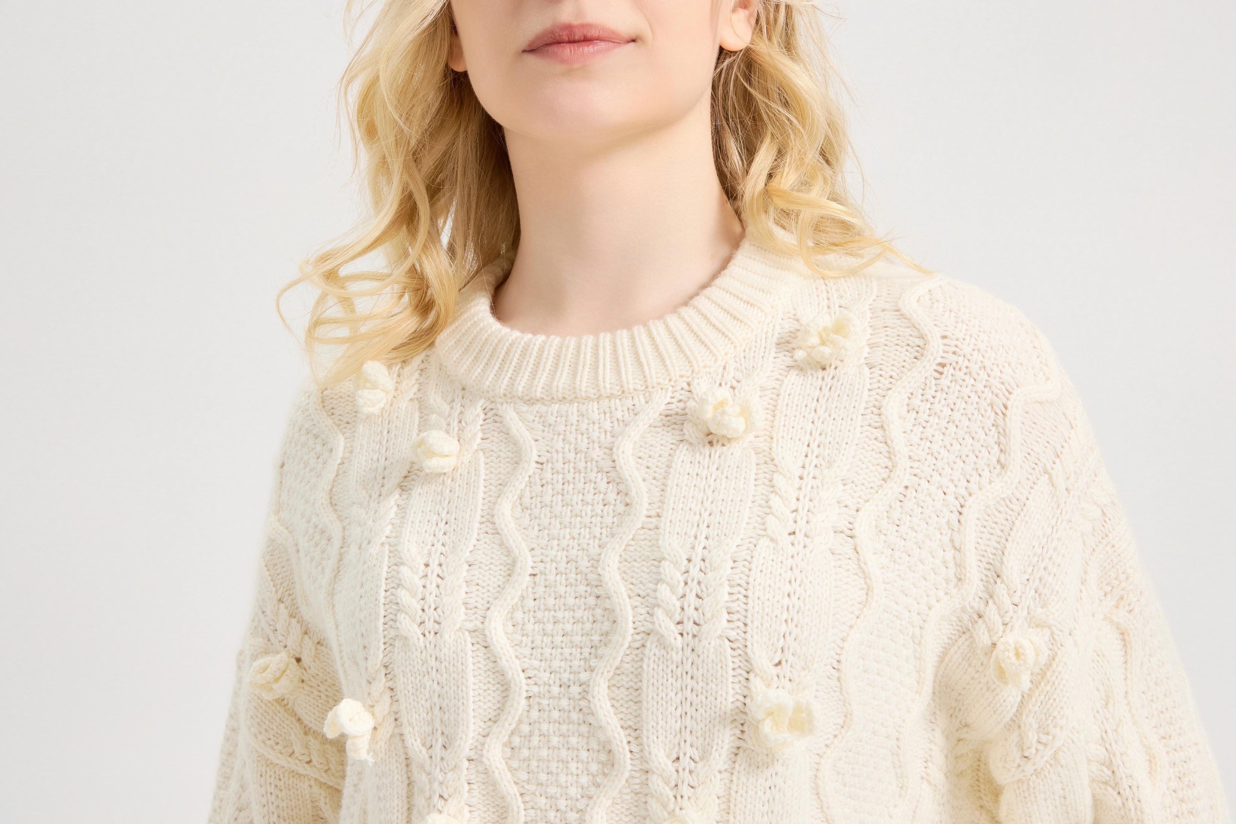 Women's Flower Sweater Crochet Cute Floral Knit Crew Neck Pullover Tops