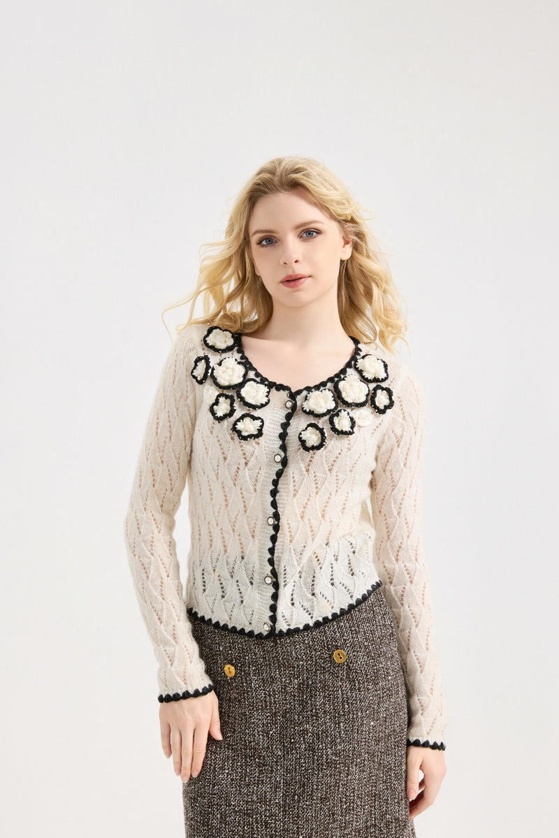 Suéteres tipo cárdigan de pointelle para mujer, cuello festoneado, crochet floral, manga larga, top de malla