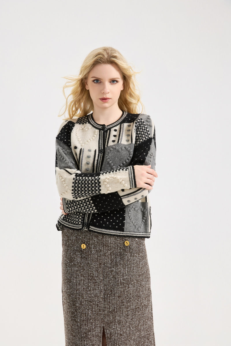 Women's Jacquard Cardigan Sweater Round Neck Button Front Knitwear