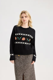 Donna's Embroidered daisy floral Sweater Crewneck Chunky Knit Sweater Pullover