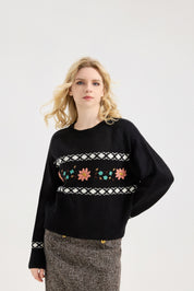 Donna's Embroidered daisy floral Sweater Crewneck Chunky Knit Sweater Pullover