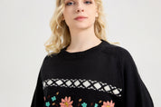 Donna's Embroidered daisy floral Sweater Crewneck Chunky Knit Sweater Pullover