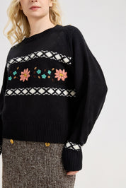 Donna's Embroidered daisy floral Sweater Crewneck Chunky Knit Sweater Pullover
